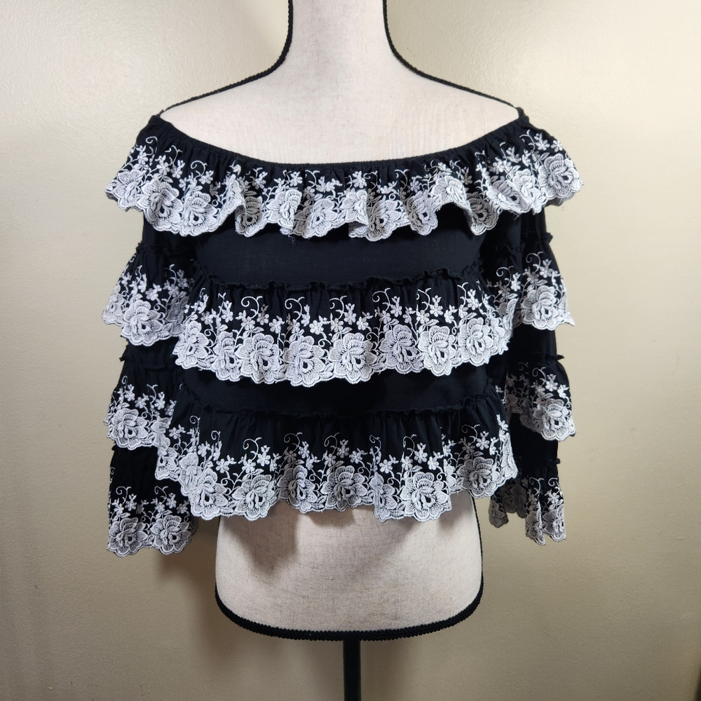 wms gianni bini tiered ruffled embroidered lacey cropped top sz s feminine boho - Picture 7 of 12